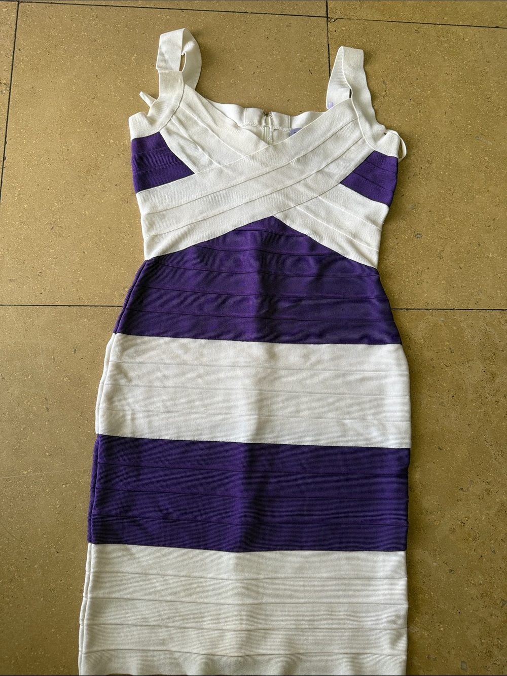 Herve Leger White and Purple Striped Bandage Midi Dress